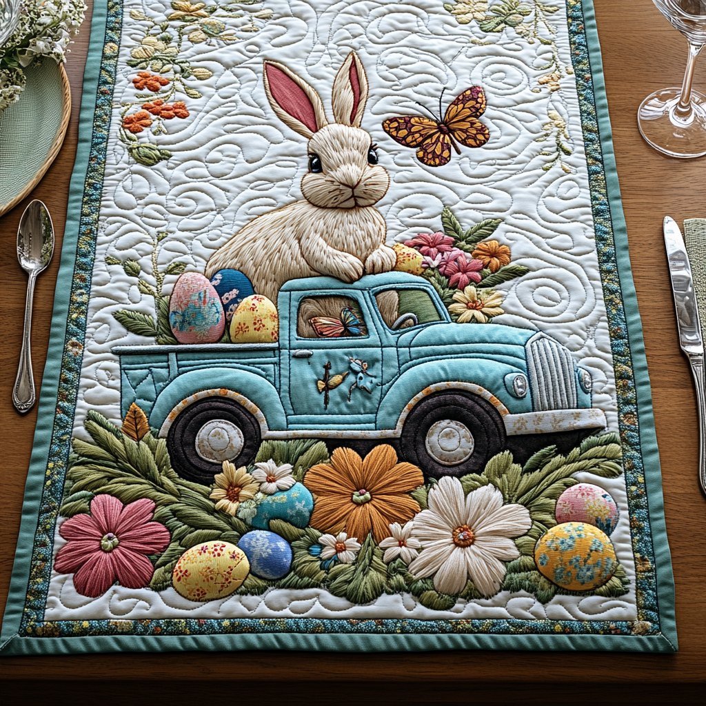 Blue Truck with Bunny and Eggs Table Runner