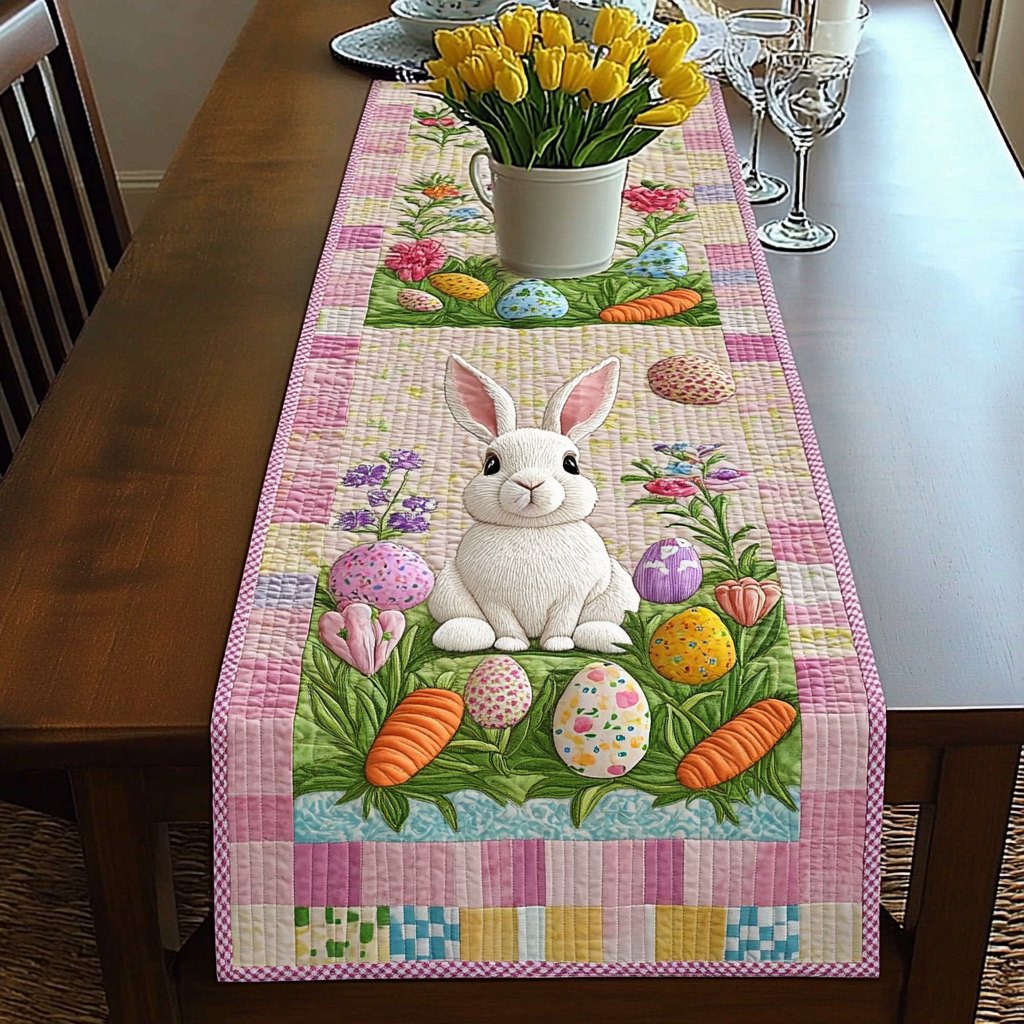 Bunny with Carrots on Pink Checks Table Runner