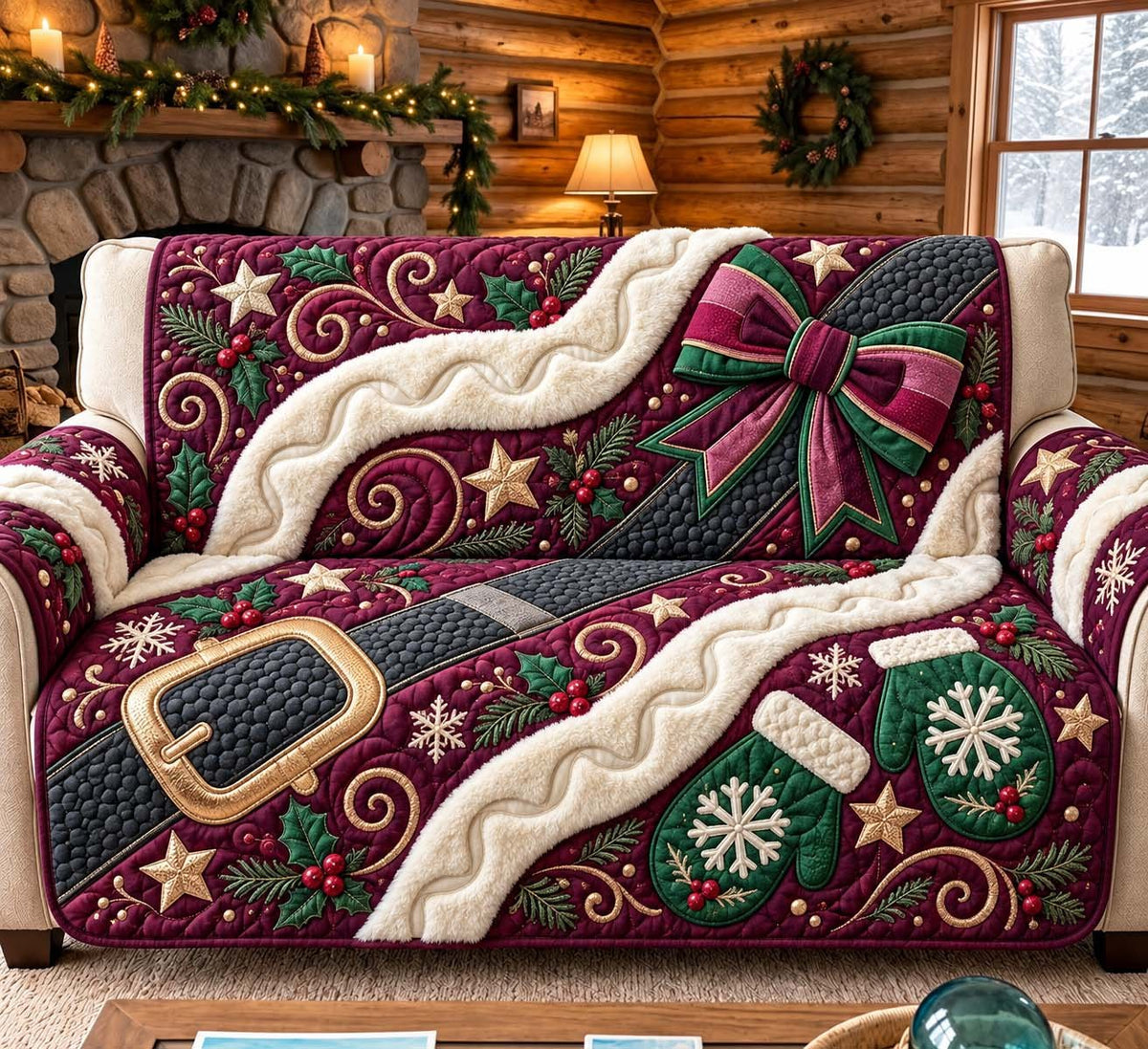 Burgundy Christmas Elegance Sofa Cover