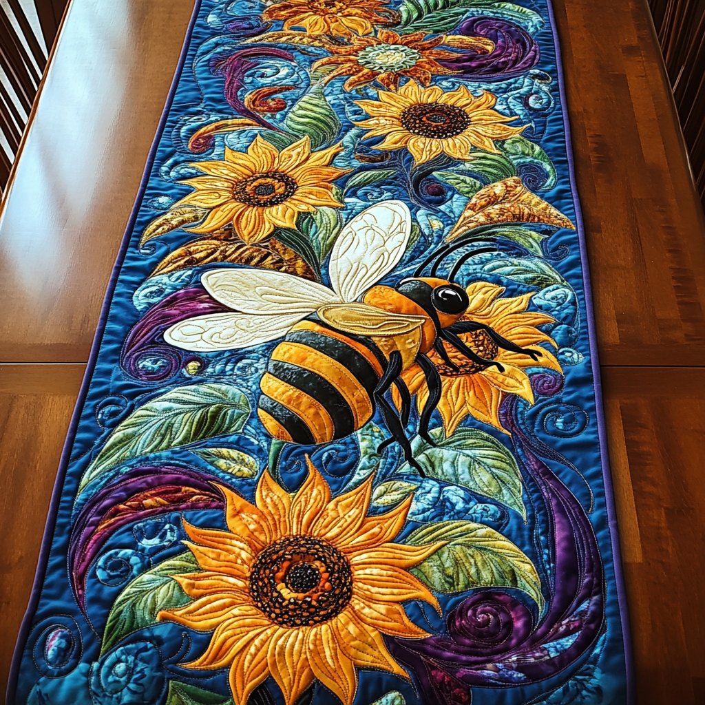Busy Bee Bee and Sunflowers on Blue Swirls Table Runner