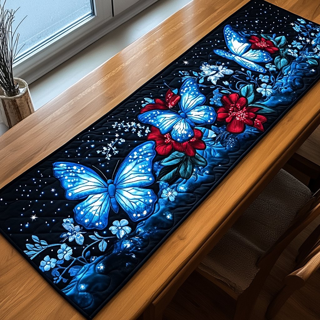 Blue Butterflies with Red Blooms on Navy Table Runner