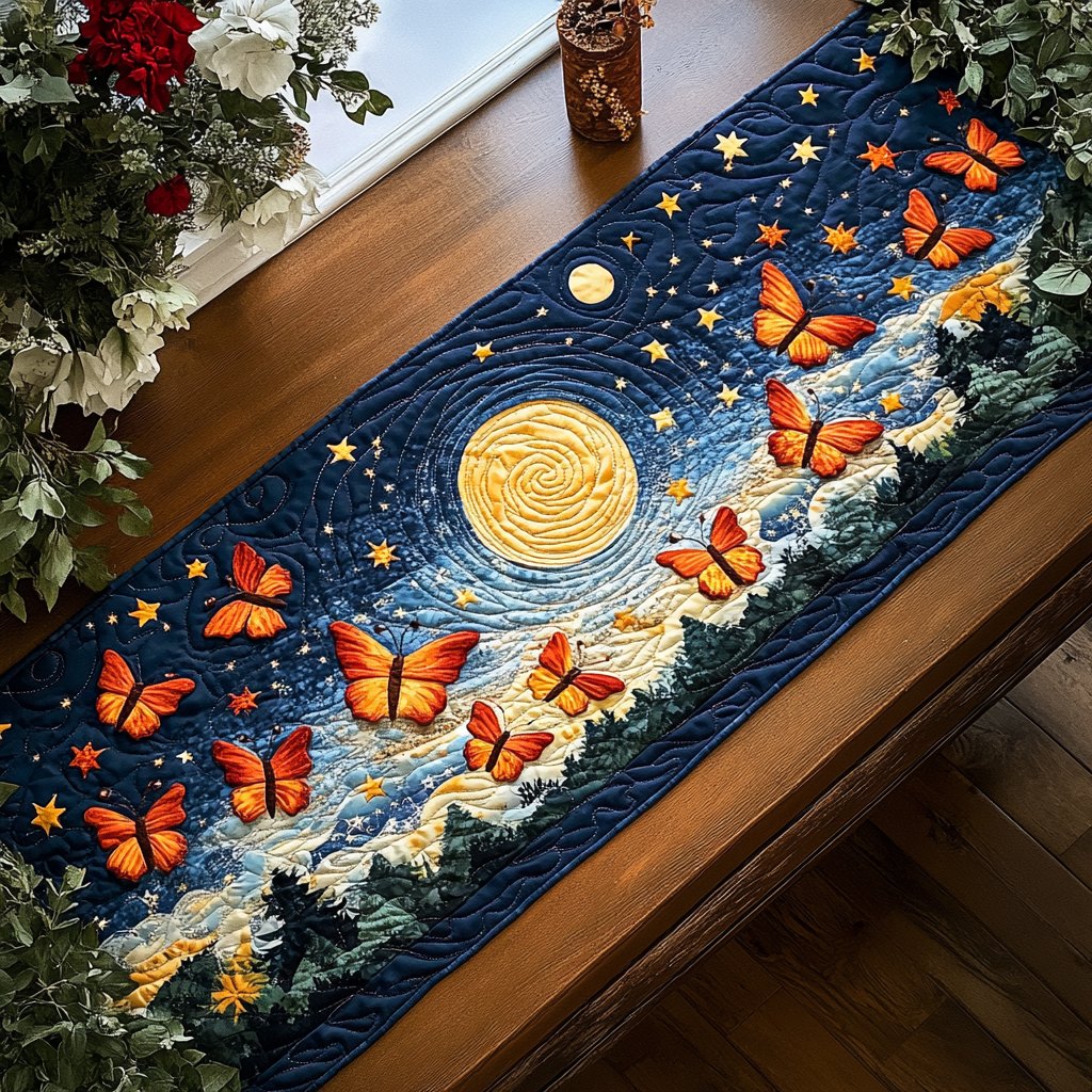 Orange Butterflies Under the Moon Table Runner