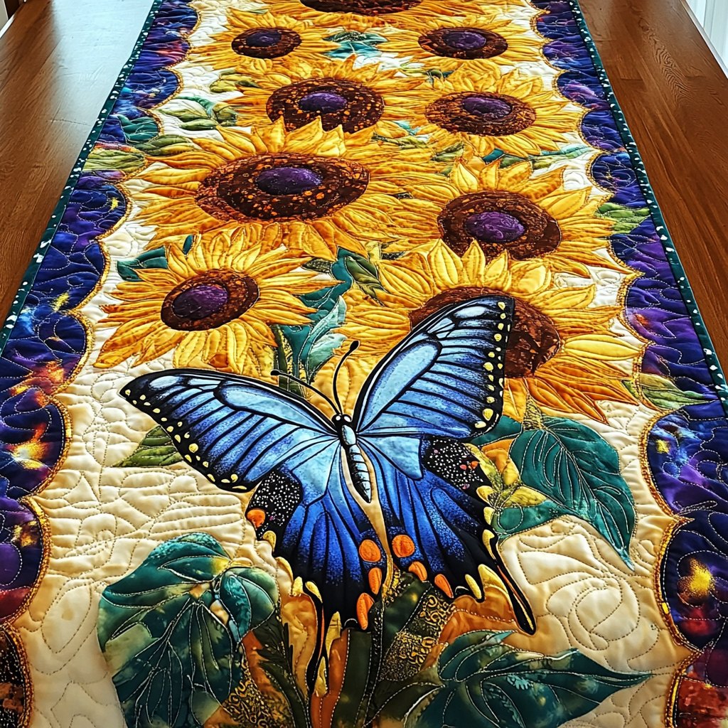 Blue Butterfly Among Sunflowers Table Runner