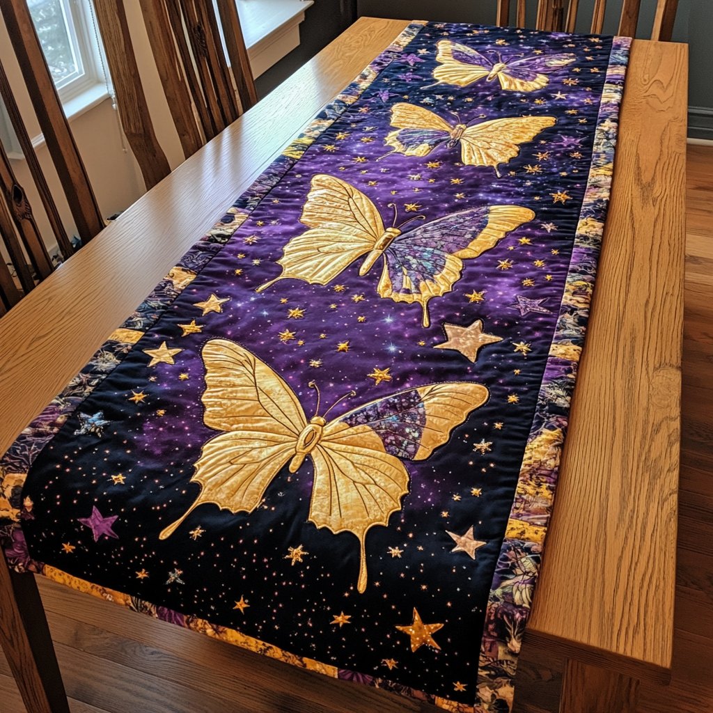 Golden Butterflies on Purple Starlight Table Runner