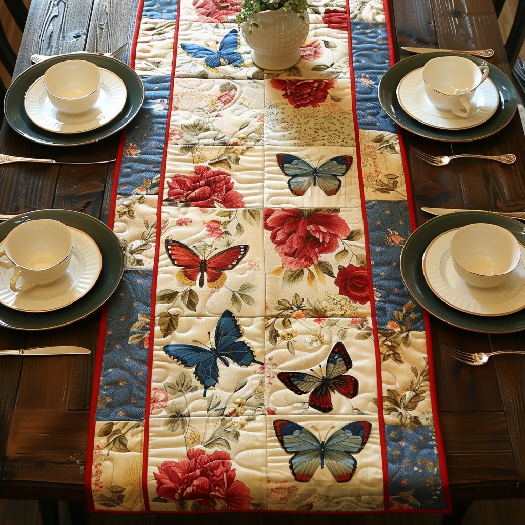 Butterfly Blocks with Roses on Cream Table Runner