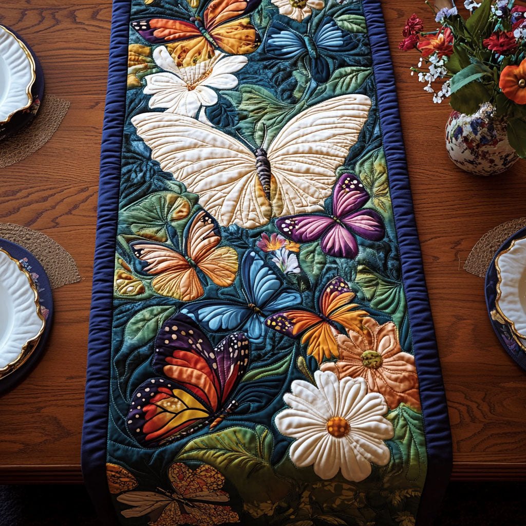 Butterflies and White Daisy on Cream Table Runner