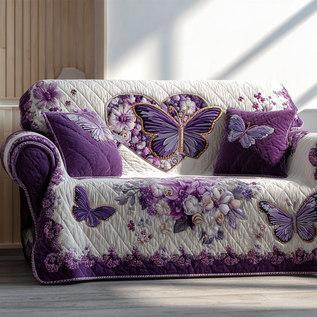 Purple Butterfly Heart on Ivory Sofa Cover