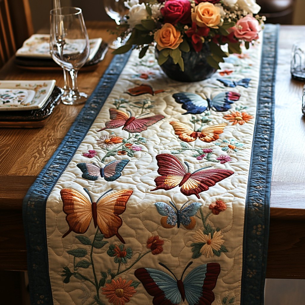 Butterfly Bloom Pastel Butterflies on Cream Table Runner