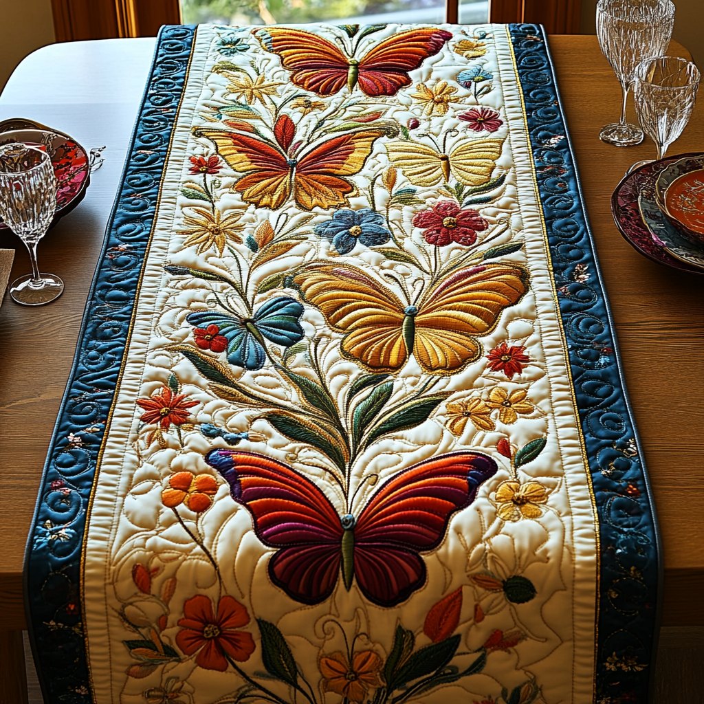 Red and Gold Butterflies with Flowers Table Runner