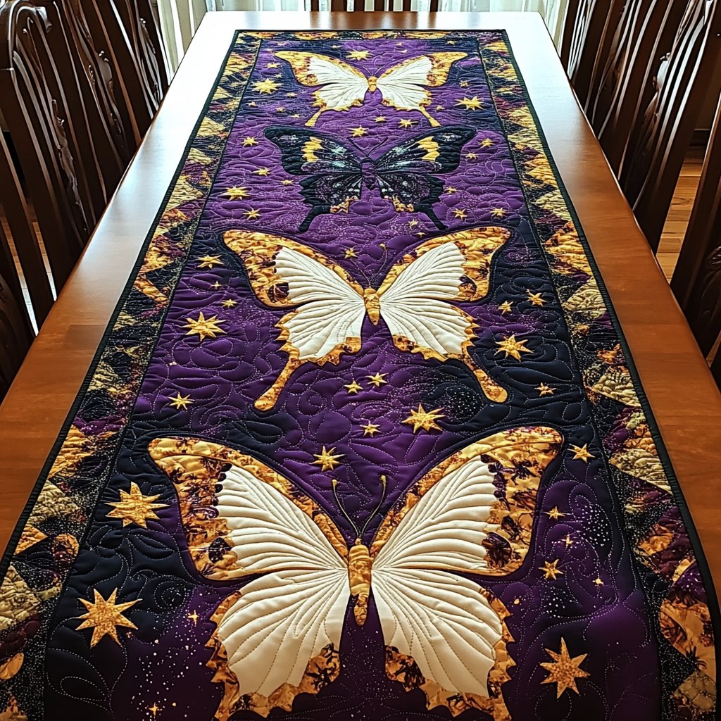 Cream Butterflies on Purple with Stars Table Runner