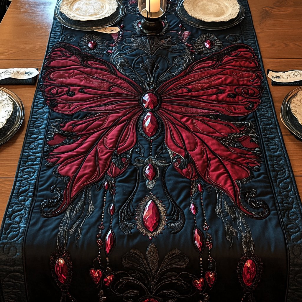 Deep Red Butterfly on Black Table Runner
