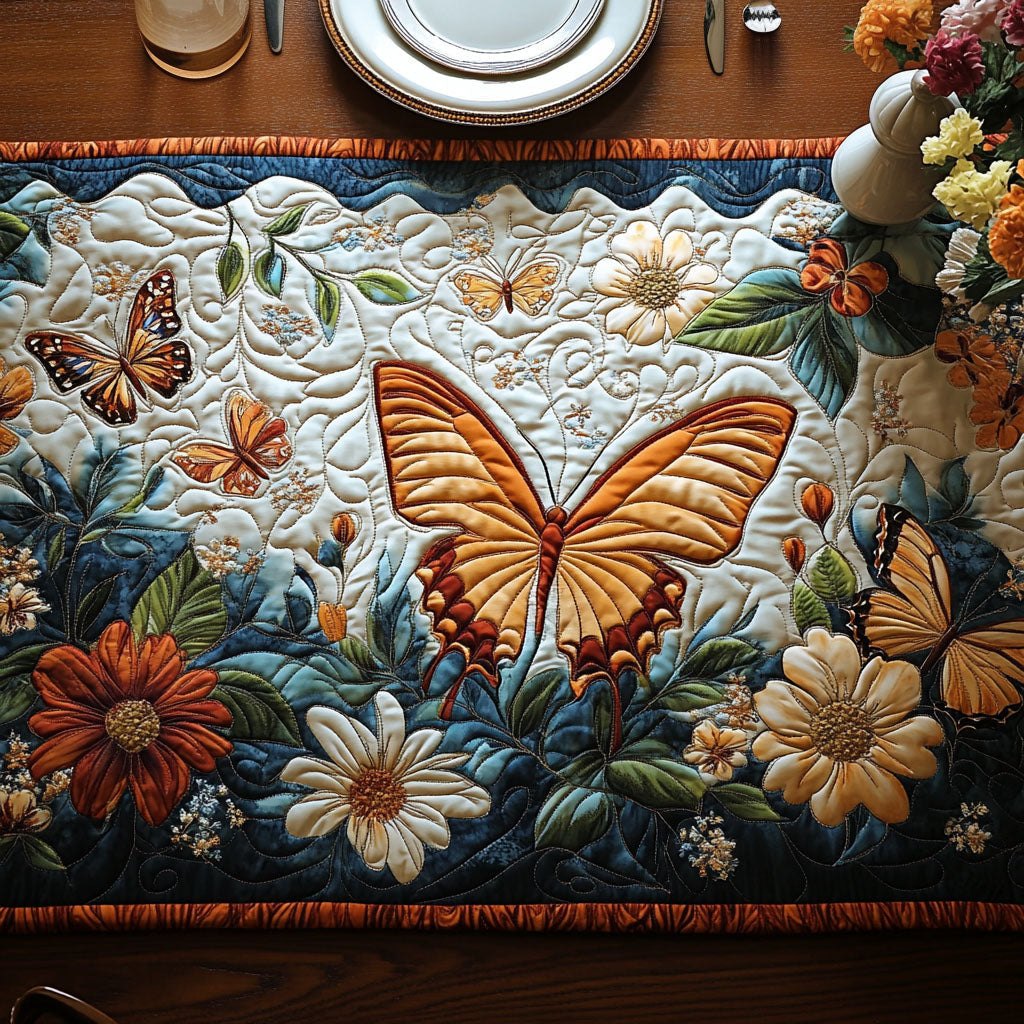 Orange Butterfly with Cream Daisies Table Runner