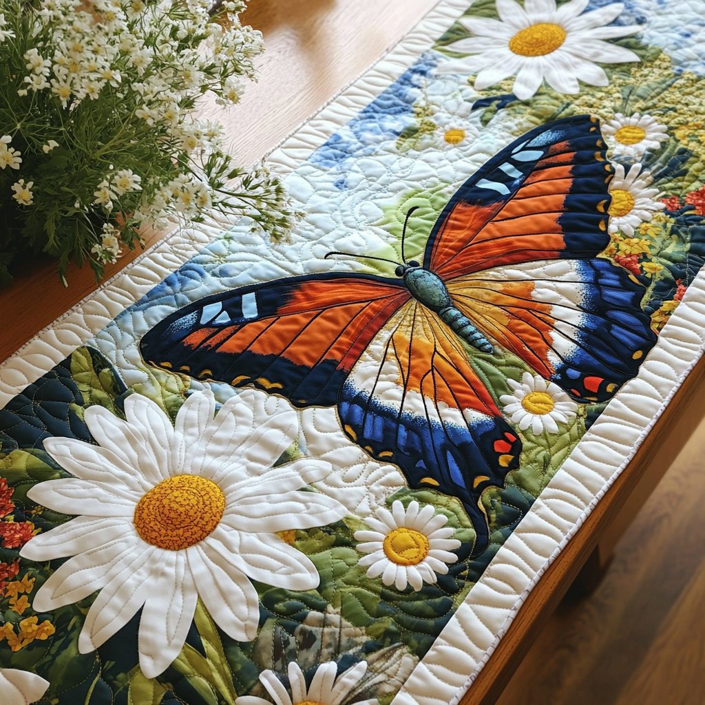 Orange Butterfly on White Daisies Table Runner
