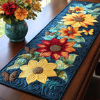 Butterfly Meadow Sunflowers and Red Blooms on Teal Table Runner