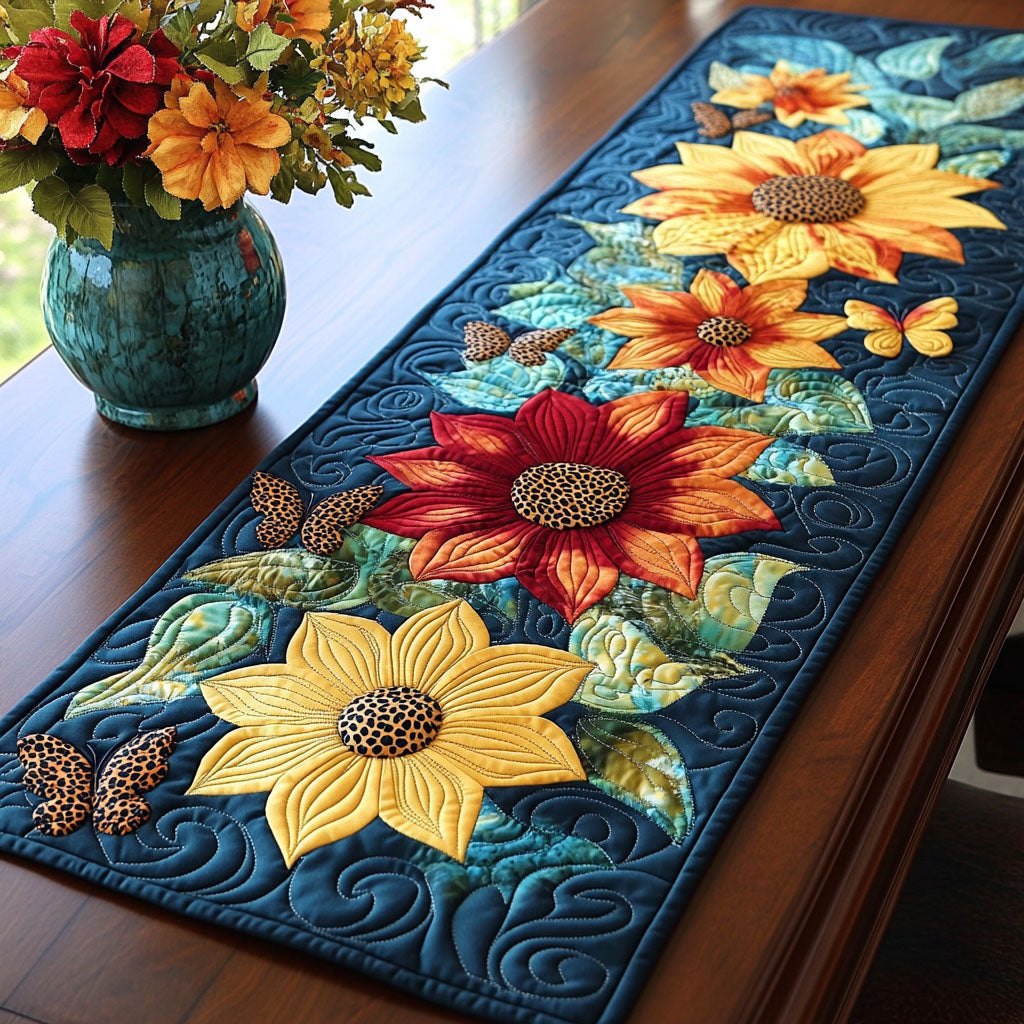 Butterfly Meadow Sunflowers and Red Blooms on Teal Table Runner