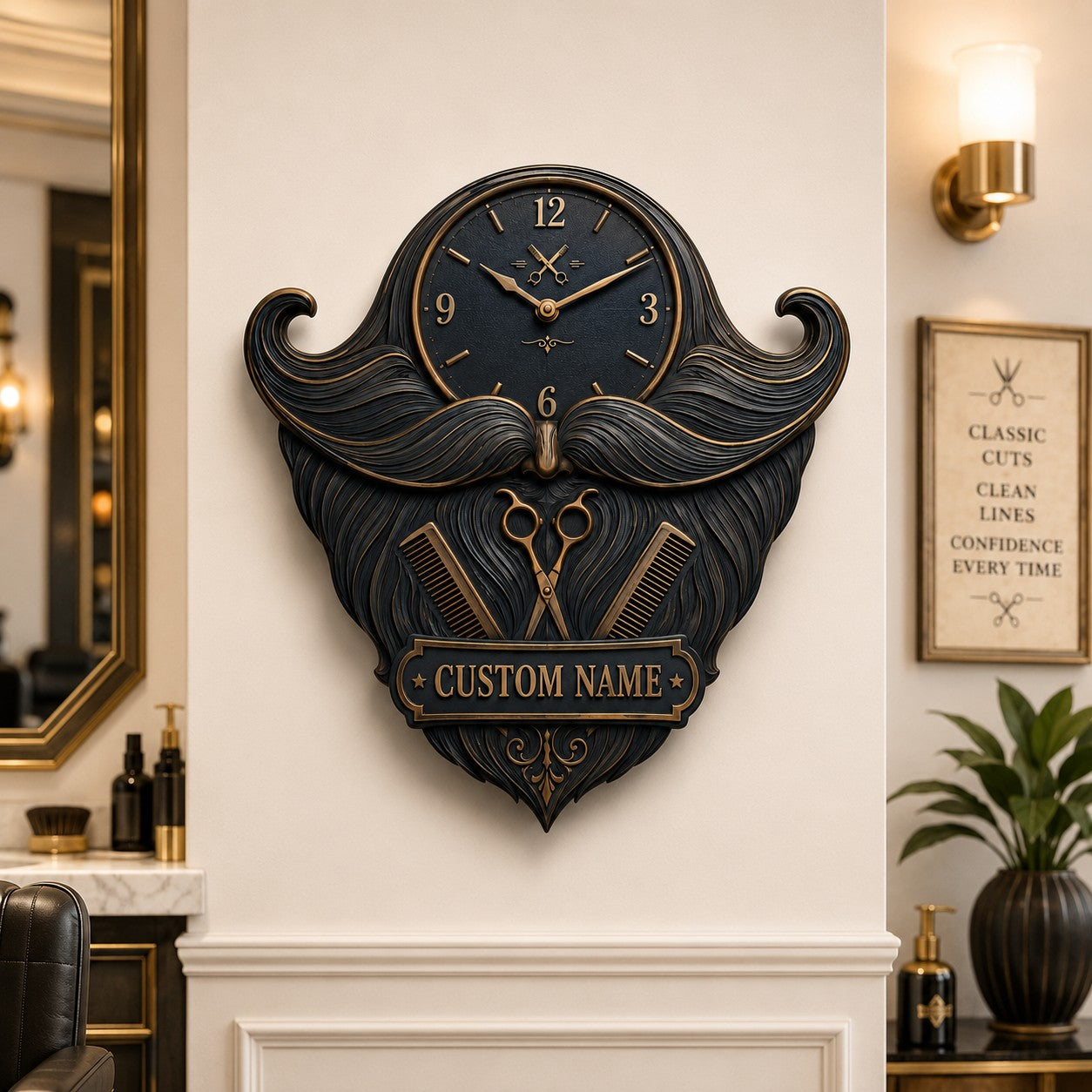 Personalized barber mustache and beard wall clock — personalized with a custom name