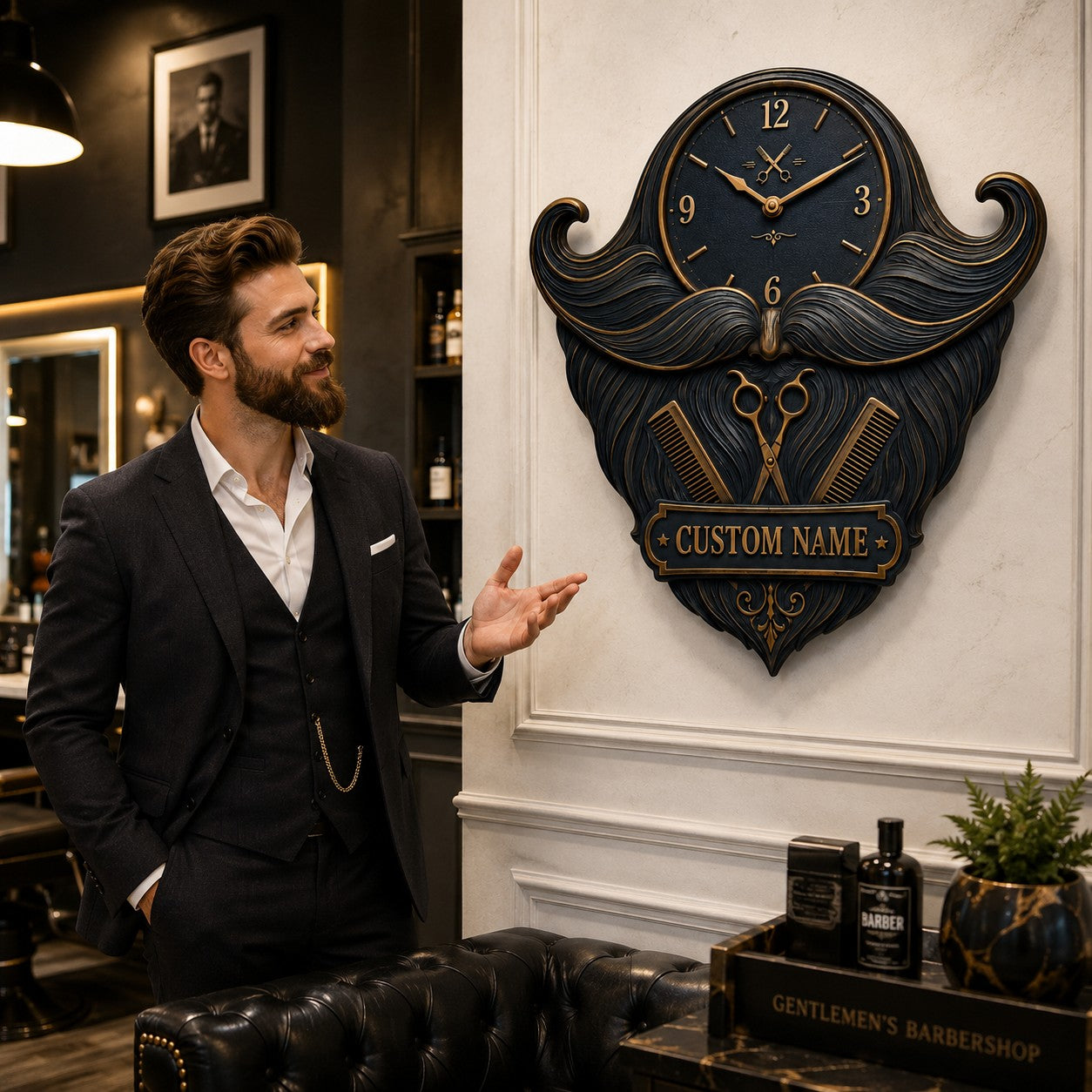 Personalized barber mustache and beard wall clock — personalized with a custom name