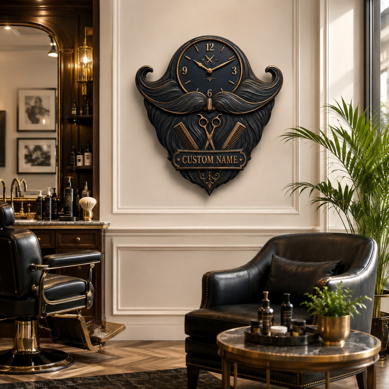 Personalized barber mustache and beard wall clock — personalized with a custom name