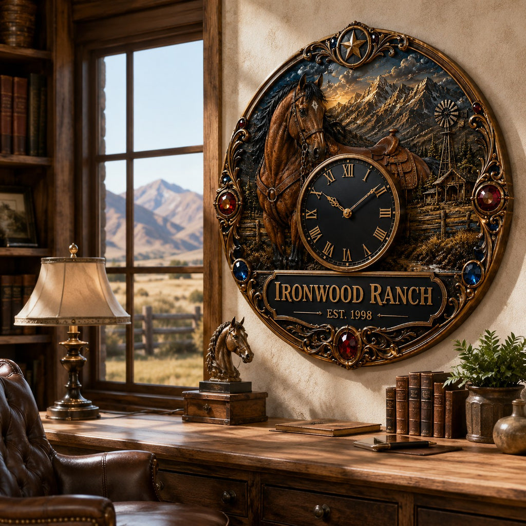 Horse ranch Custom Name Wall Clock — personalized with a custom name