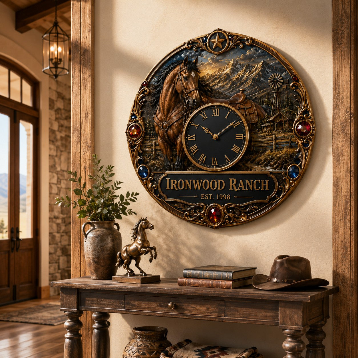 Horse ranch Custom Name Wall Clock — personalized with a custom name