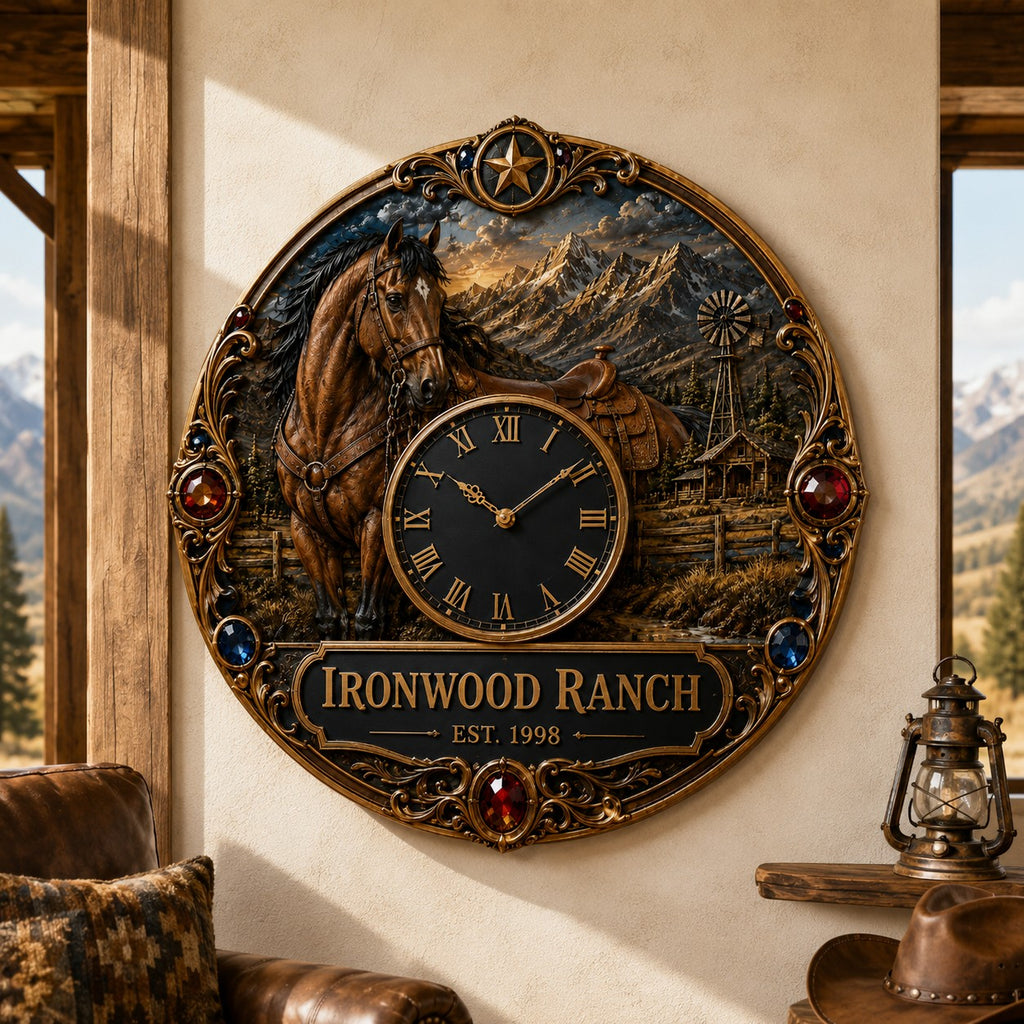 Horse ranch Custom Name Wall Clock — personalized with a custom name