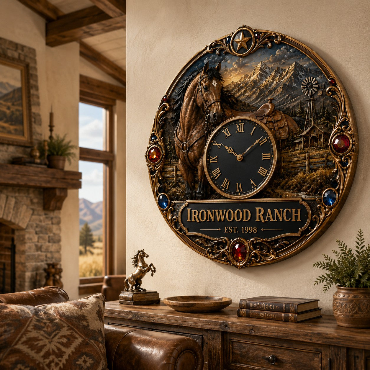 Horse ranch Custom Name Wall Clock — personalized with a custom name