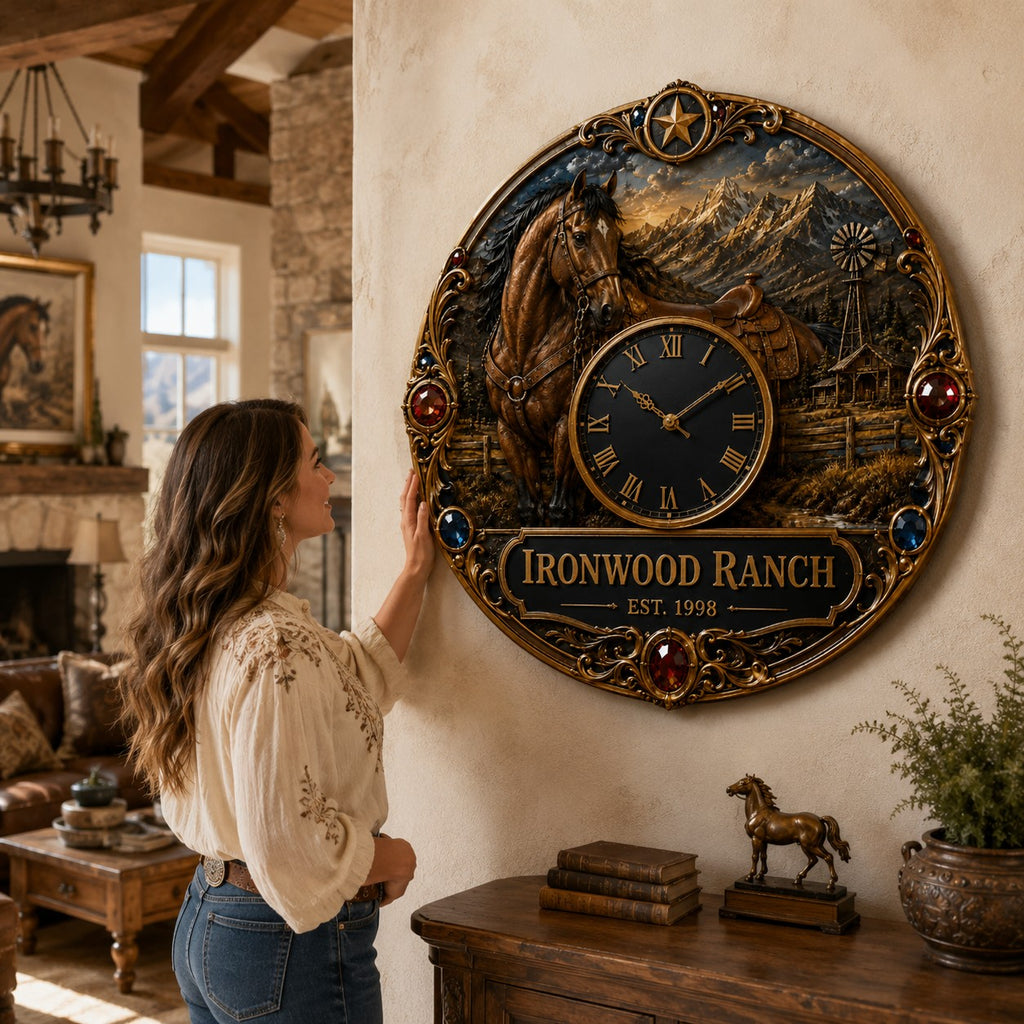 Horse ranch Custom Name Wall Clock — personalized with a custom name