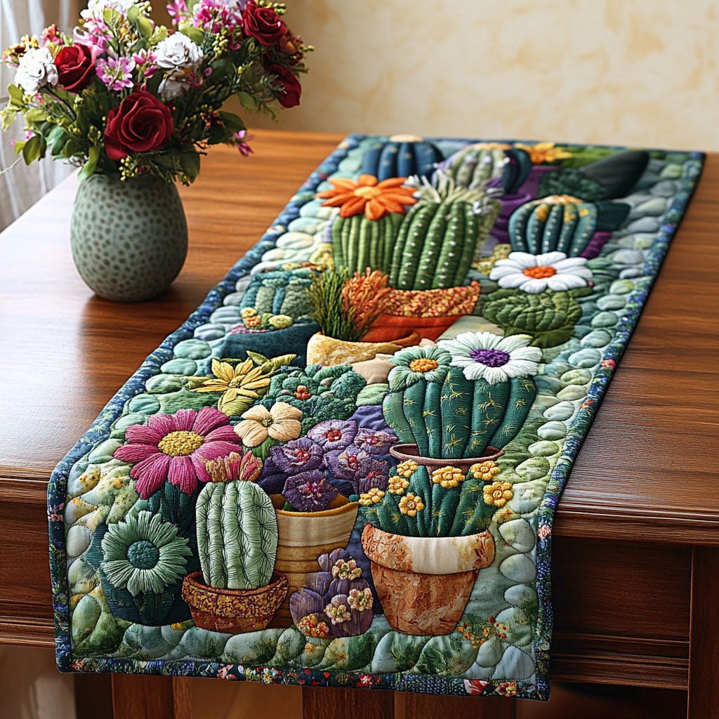 Potted Cacti with Bright Flowers Table Runner