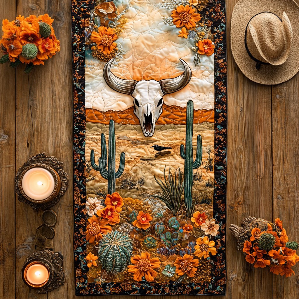 Steer Skull in the Desert Cactus Table Runner
