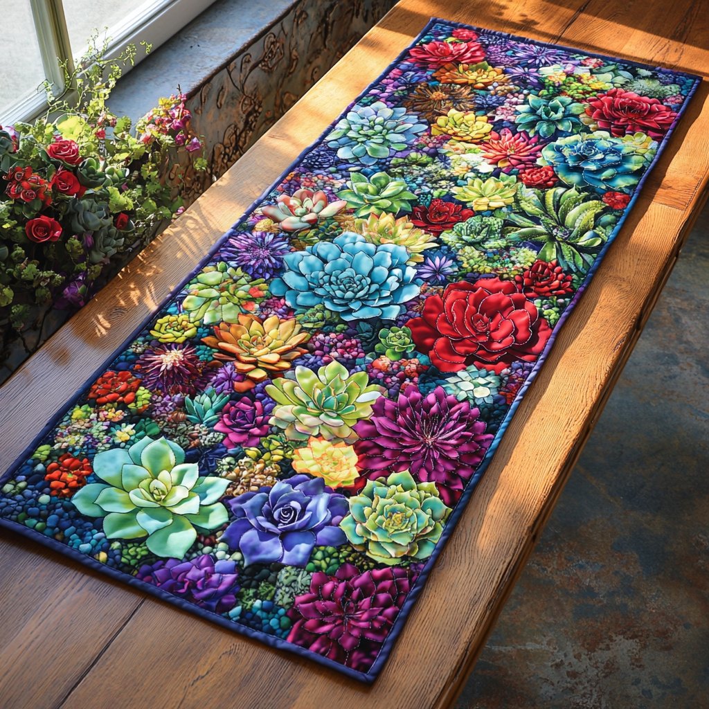 Cactus Charm Dense Succulent Rosettes in Jewel Tones Table Runner