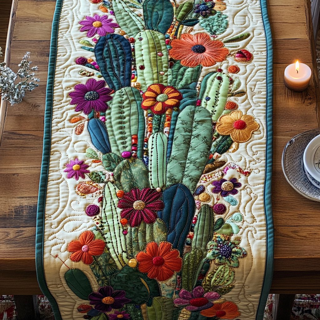 Blooming Cacti on Cream Table Runner
