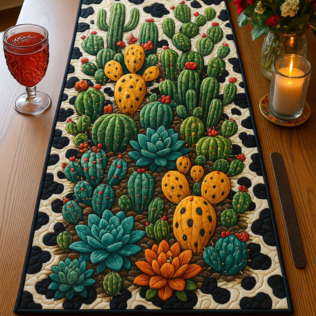 Prickly Pear and Succulents on Cowhide Table Runner