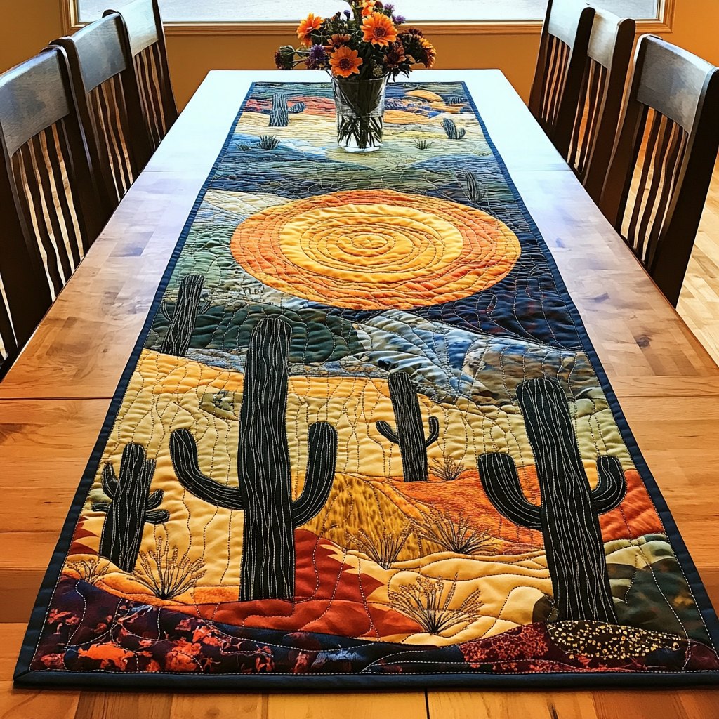 Saguaro Silhouettes Under a Golden Sun Table Runner