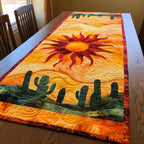 Red Sun Above Orange Desert Cactus Table Runner