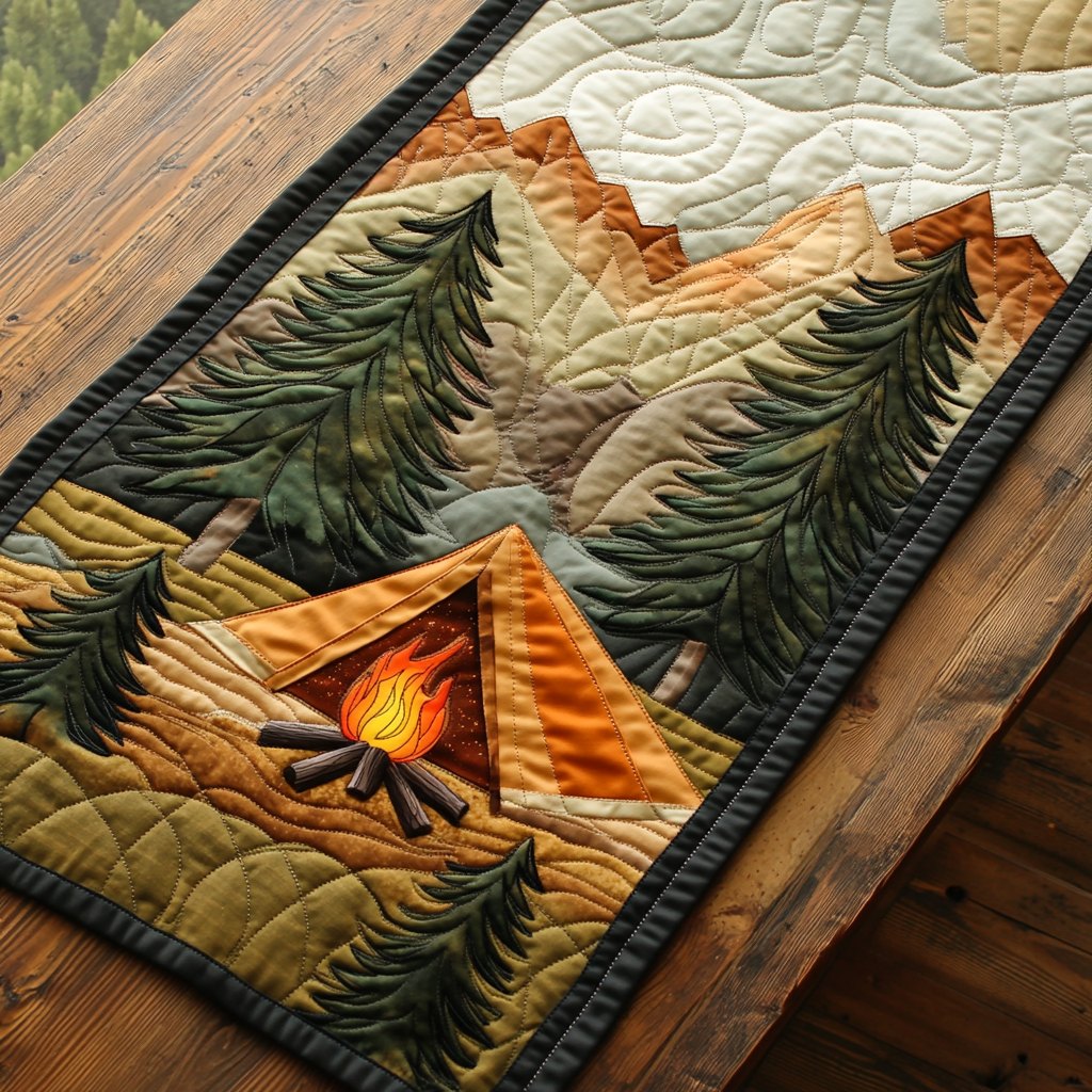 Tent and Campfire in the Pines Table Runner