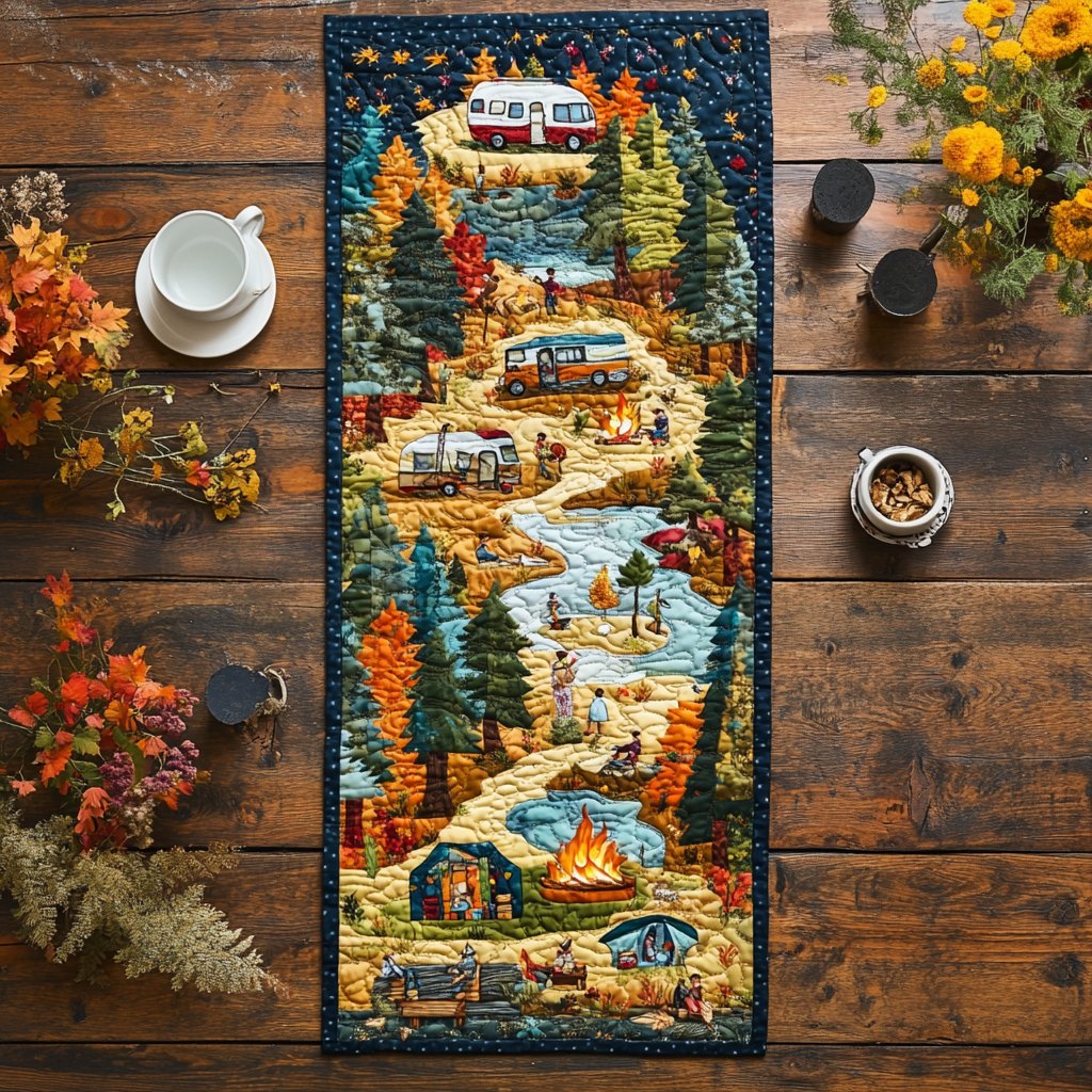 Riverside Campsite with Trailers Table Runner