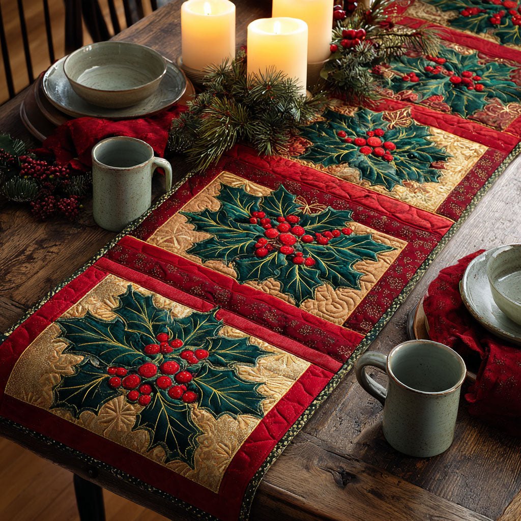 Holly and Berry Blocks in Red Table Runner