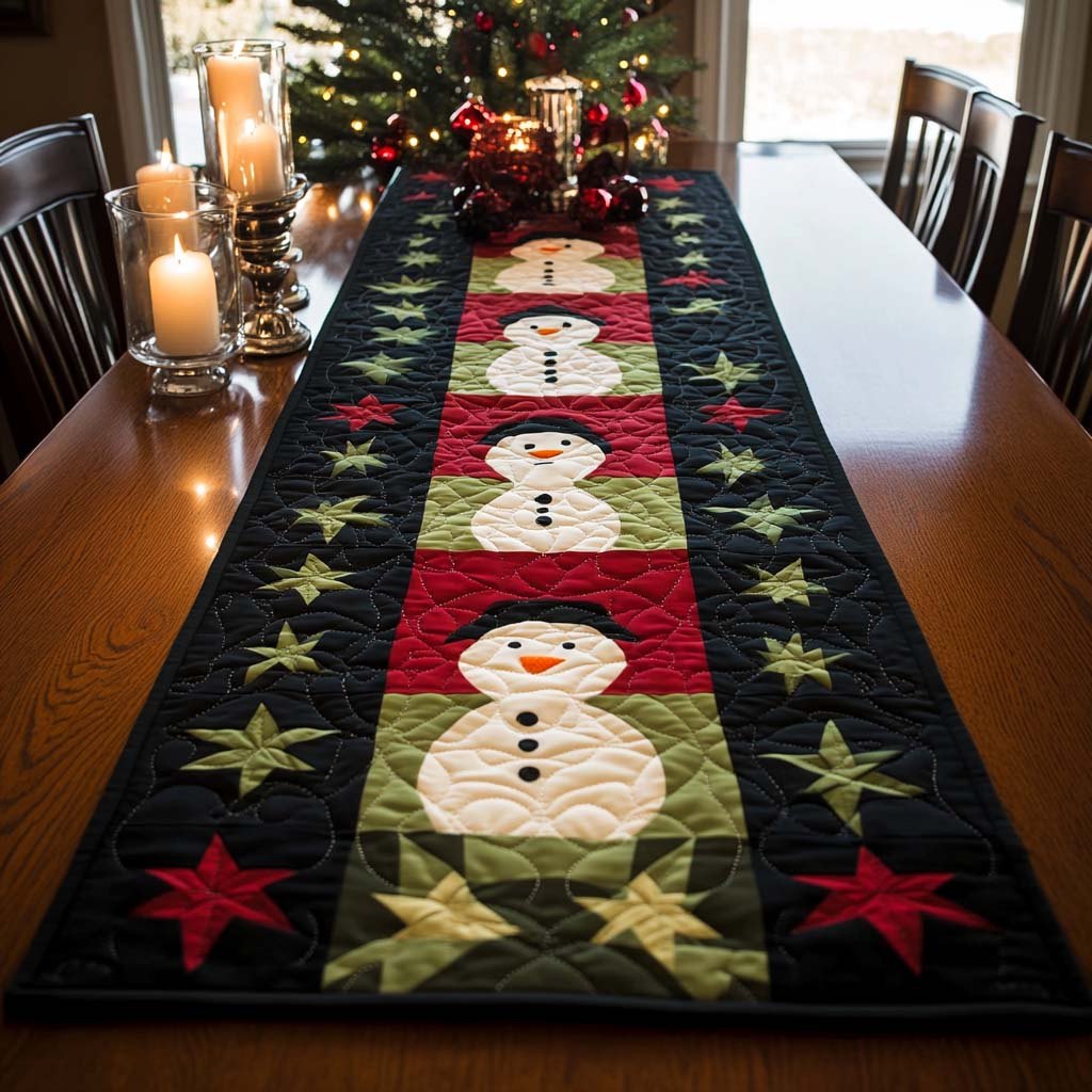 Snowmen and Stars on Black Table Runner