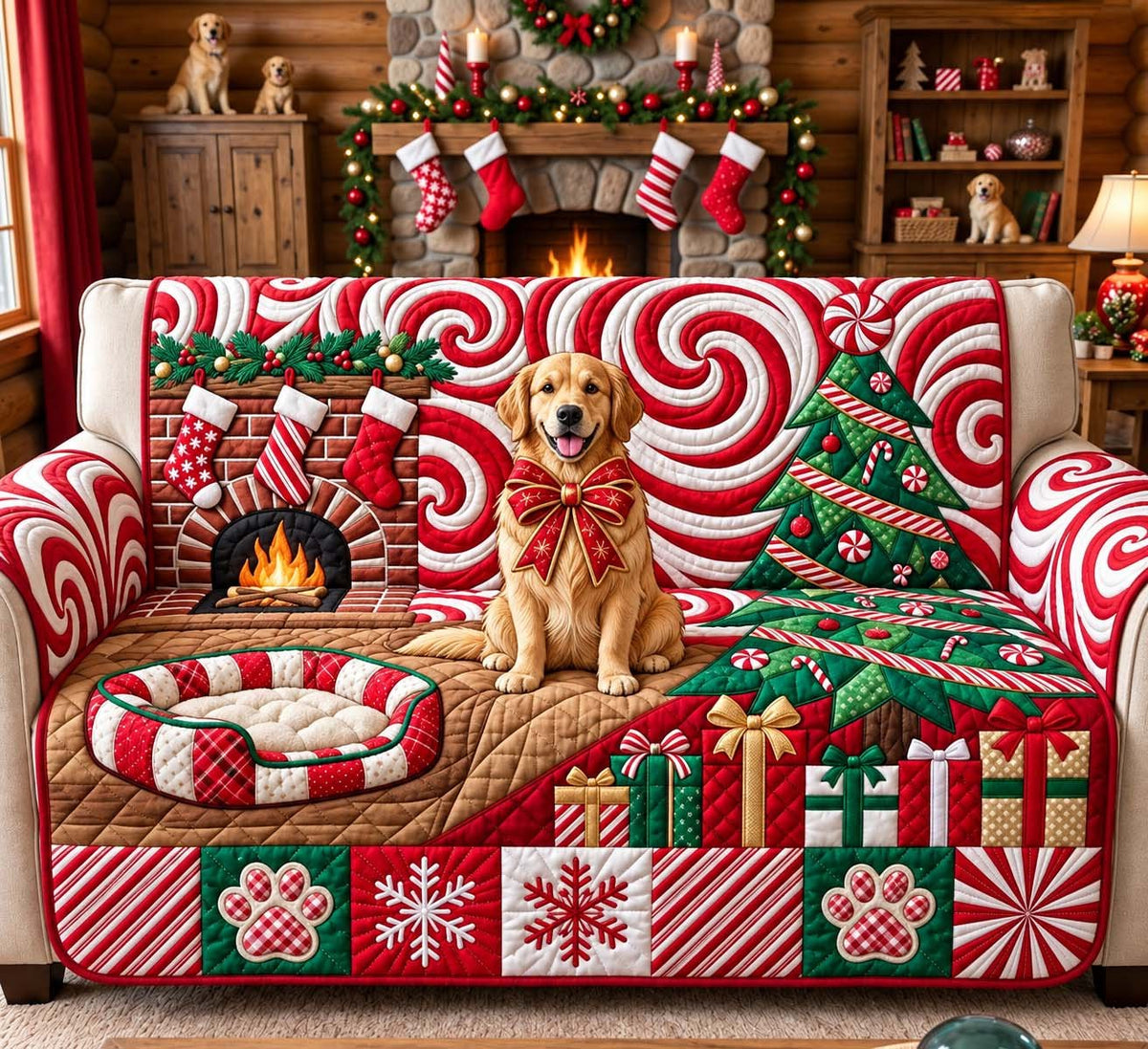 Candy Cane Christmas Golden Sofa Cover