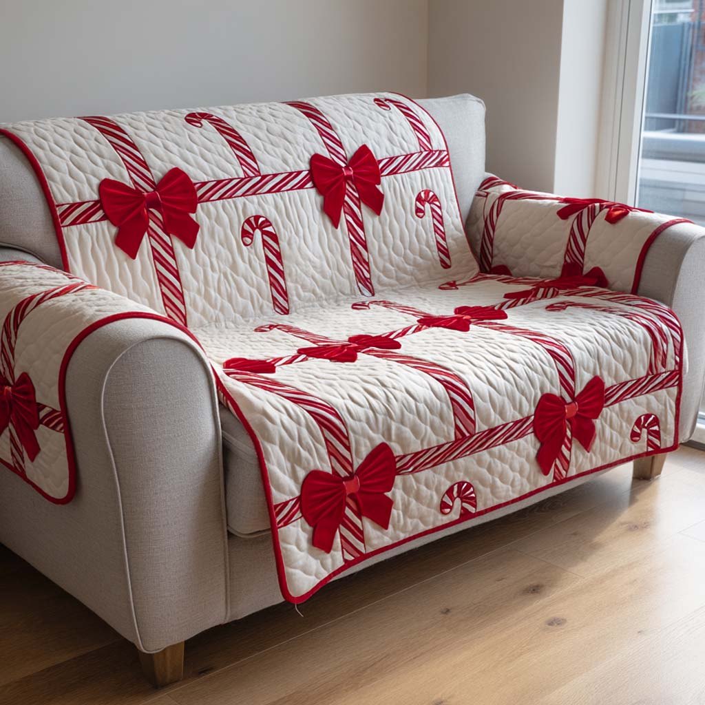 Candy Canes and Red Bows on White Sofa Cover