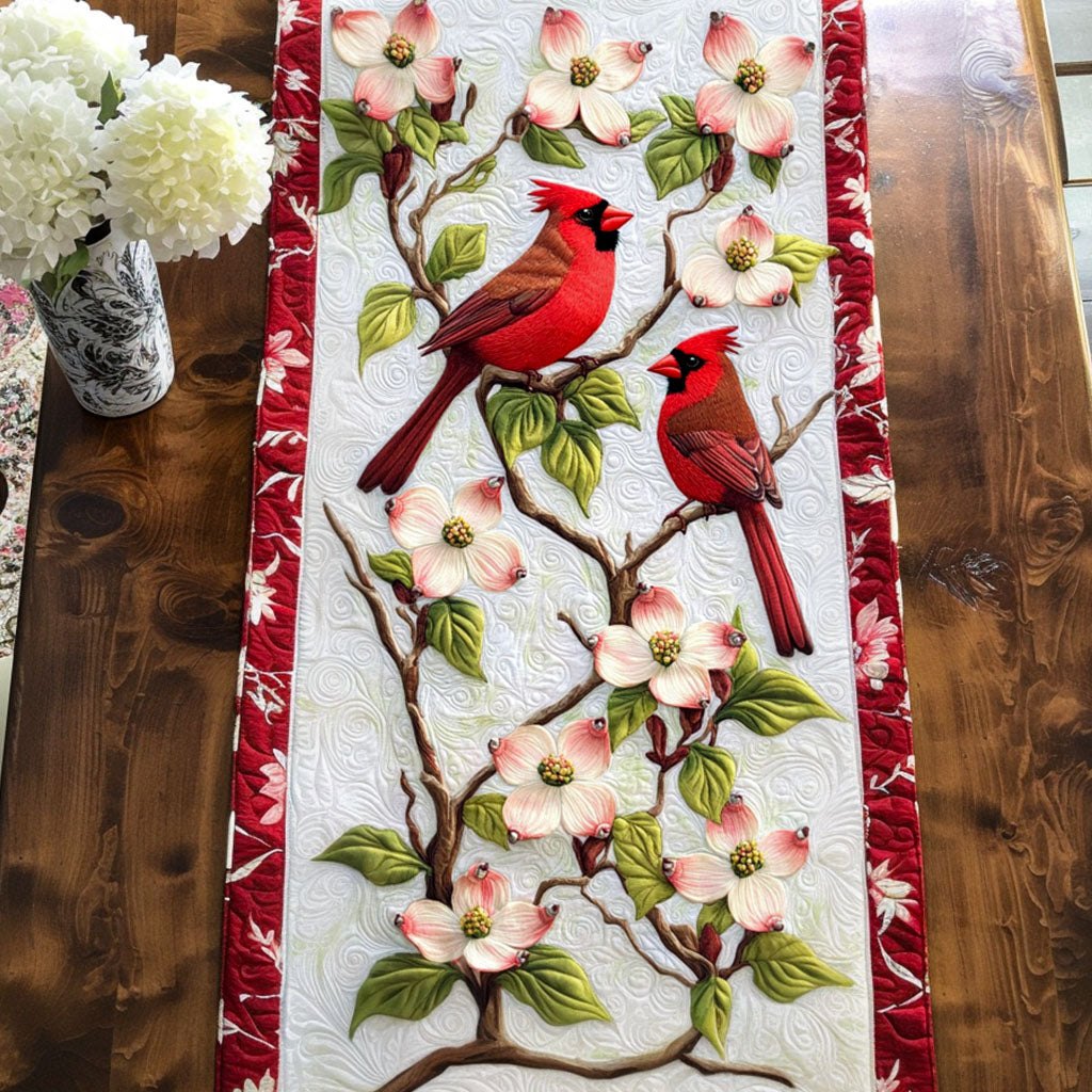 Cardinal Pair on a Dogwood Branch Table Runner