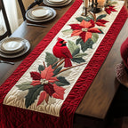 Cardinal Beauty Cardinal with Poinsettia on Red Table Runner