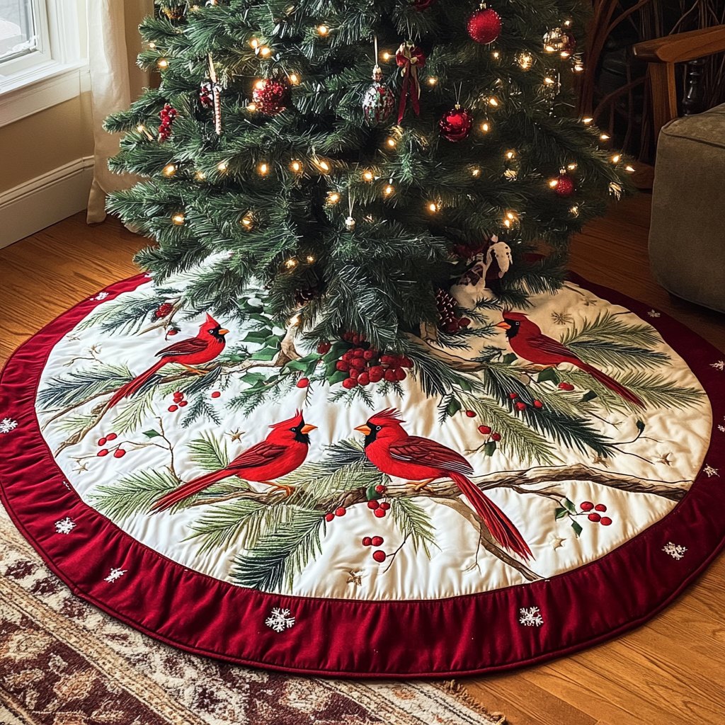 Cardinal Berry Christmas Tree Skirt