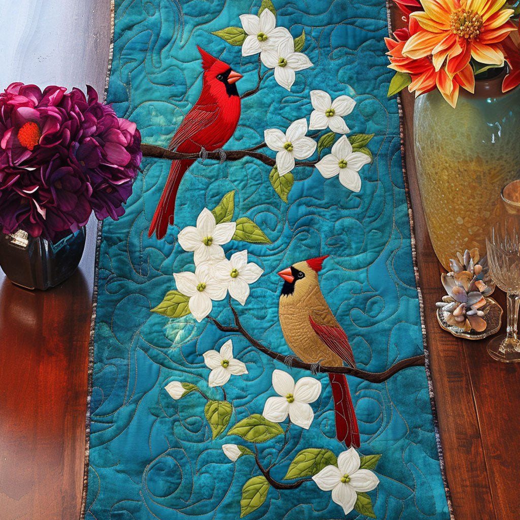 Cardinal Pair on Turquoise Blossoms Table Runner