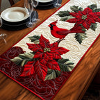 Cardinal Above Red Poinsettias Table Runner