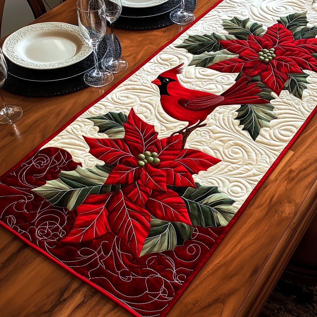 Cardinal Above Red Poinsettias Table Runner