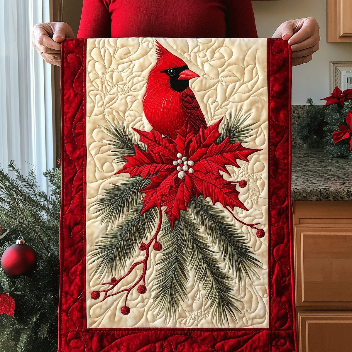 Cardinal with Poinsettia and Pine Table Runner