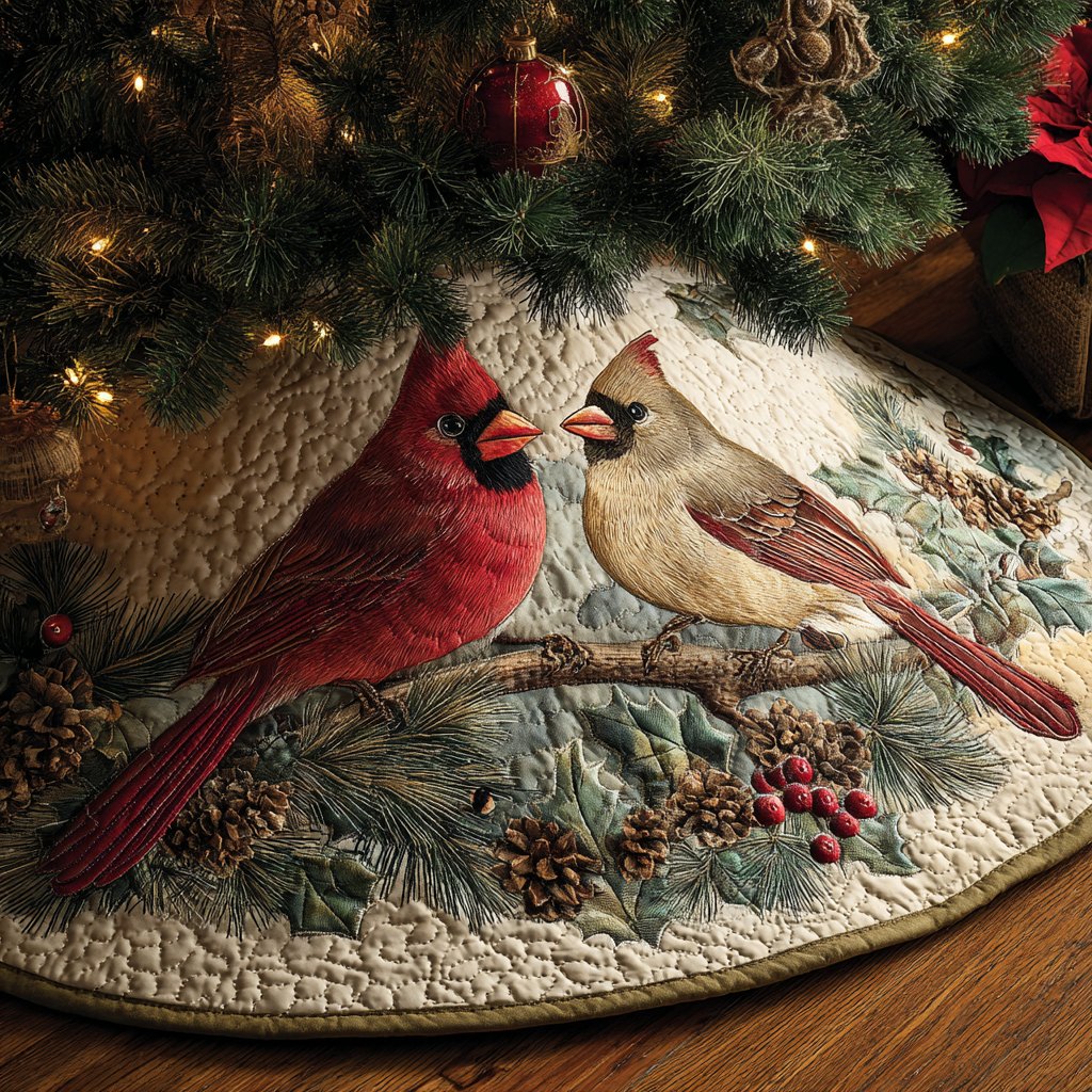 Cardinal Couple on a Branch Christmas Tree Skirt