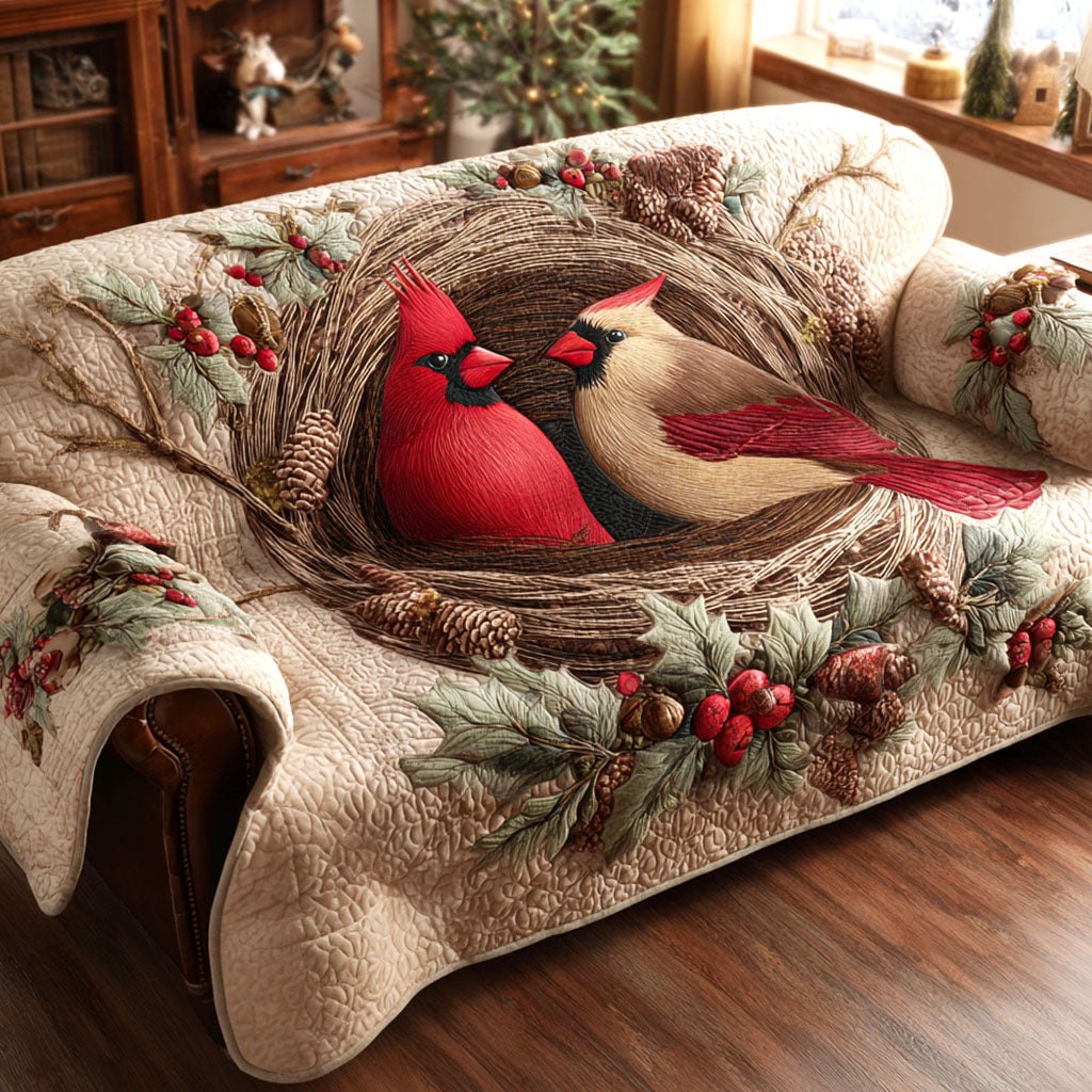 Cardinal Pair on Pinecone Nest Sofa Cover