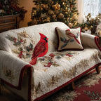 Cardinal on Cream Berry Sprigs Sofa Cover